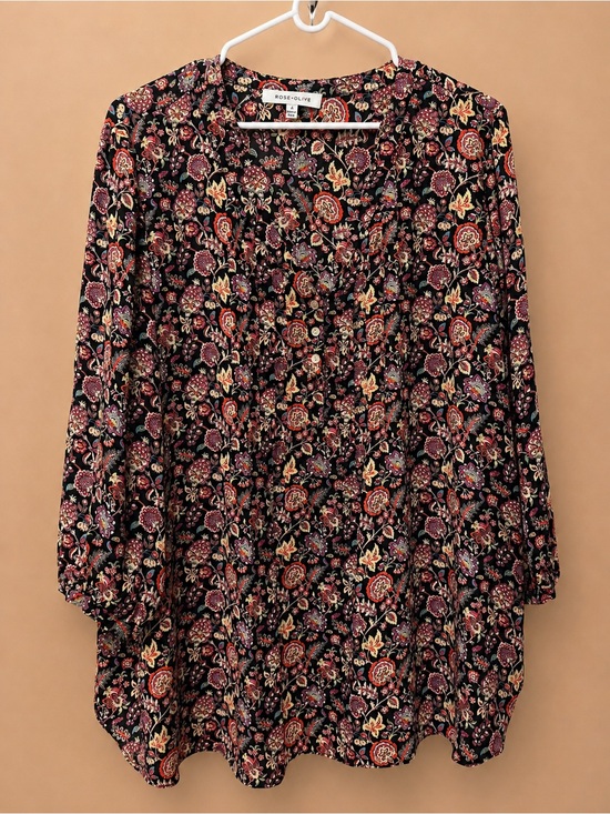Rose & Olive Tops - Rose & Olive Black Floral Tunic with Red and Cream Accents